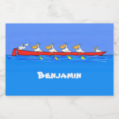 Funny pelicans rowing cartoon illustratie voedselcontainer etiket (Enkel label)