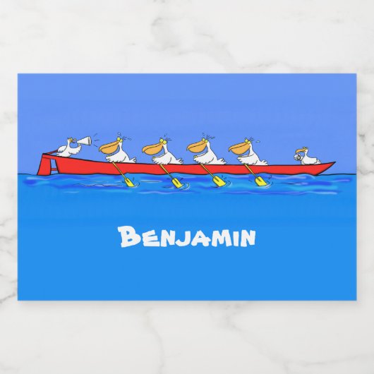 Funny pelicans rowing cartoon illustratie voedselcontainer etiket (Enkel label)