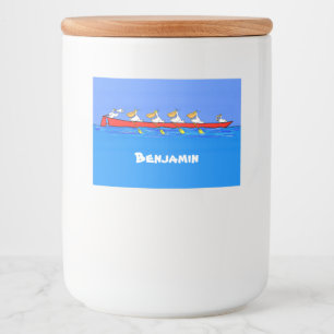 Funny pelicans rowing cartoon illustratie voedselcontainer etiket