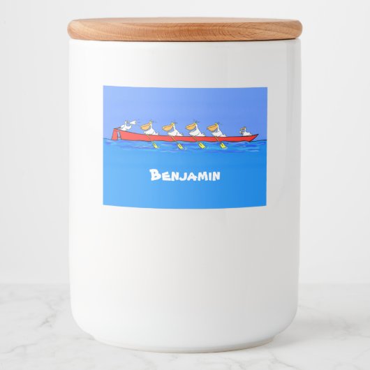 Funny pelicans rowing cartoon illustratie voedselcontainer etiket (Voorkant)