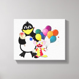 Funny penguin and clown cartoon canvas afdruk