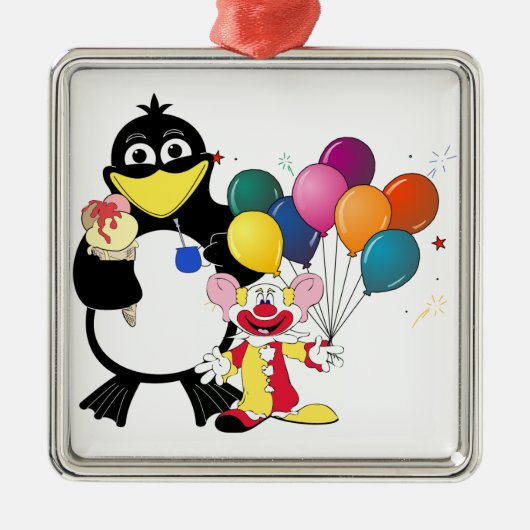 Funny penguin and clown cartoon metalen ornament (Voorkant)