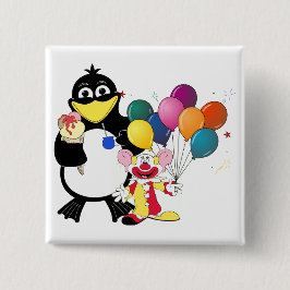 Funny penguin and clown cartoon vierkante button 5,1 cm