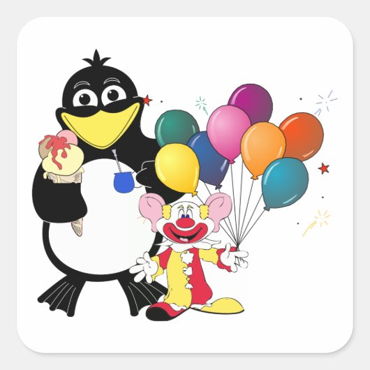 Funny penguin and clown cartoon vierkante sticker (Voorkant)
