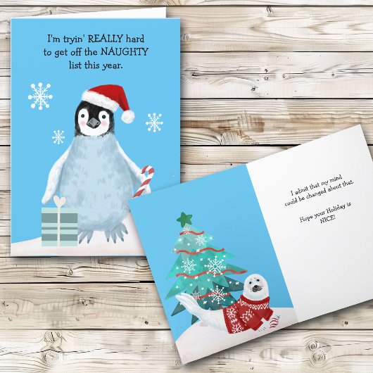 Funny Penguin and Seal Naughty List, Kerstmis Feestdagen Kaart