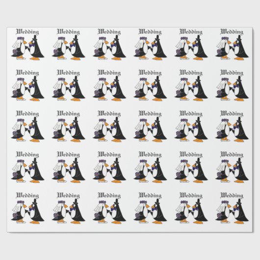 Funny Penguin Bride en Groom Wedding Cartoon Cadeaupapier (Vlak)