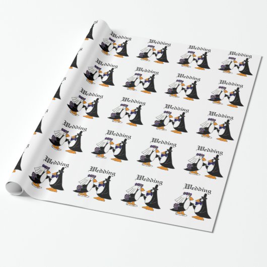Funny Penguin Bride en Groom Wedding Cartoon Cadeaupapier (Uitgerold)