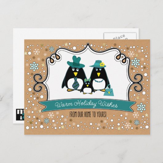 Funny Penguin Familie van 3 Kerstmis Briefkaarten (Voorkant / Achterkant)