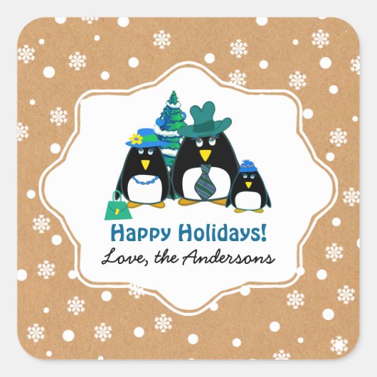 Funny Penguin Family Custom Kerstmis Vierkante Sticker (Voorkant)