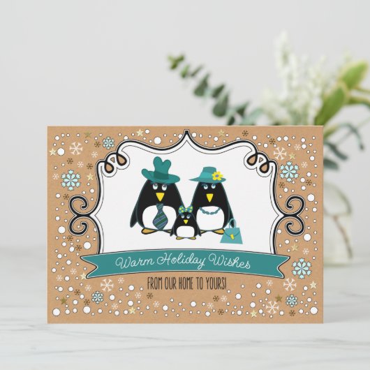 Funny Penguin Family Kerstfotokaarten Feestdagenkaart (Staand voorkant)