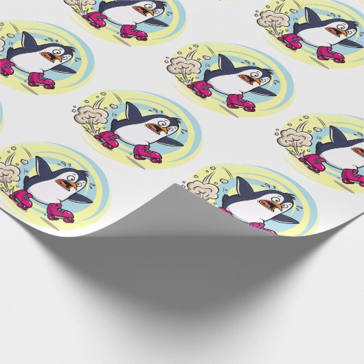 Funny Penguin on Roller Skates Cadeaupapier (Hoek)