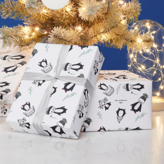 Funny Penguins Familie Zwart Witte Kerst Cadeaupapier