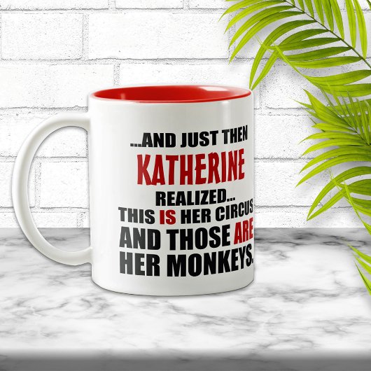 Funny Personalized Circus Monkeys Tweekleurige Koffiemok