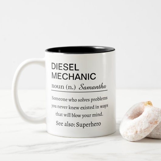 Funny Personalized Diesel Mechanic Definition Tweekleurige Koffiemok (Met donut)