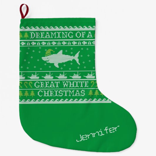 Funny Personalized Dreaming of Great White Shark Grote Kerstsok (Voorkant)