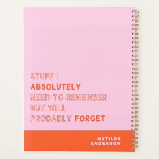 Funny Personalized Modern Pink Orange Custom Name Planner (Achterkant)