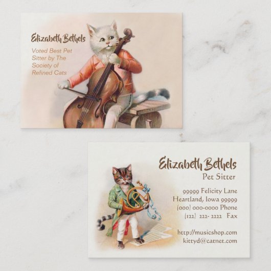 Funny Pet Sitter Card Cello-Plays Cat Visitekaartje (Voorkant / Achterkant)