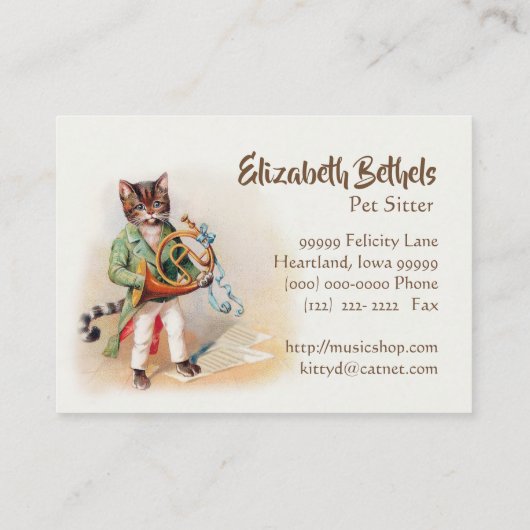 Funny Pet Sitter Card Cello-Plays Cat Visitekaartje (Achterkant)