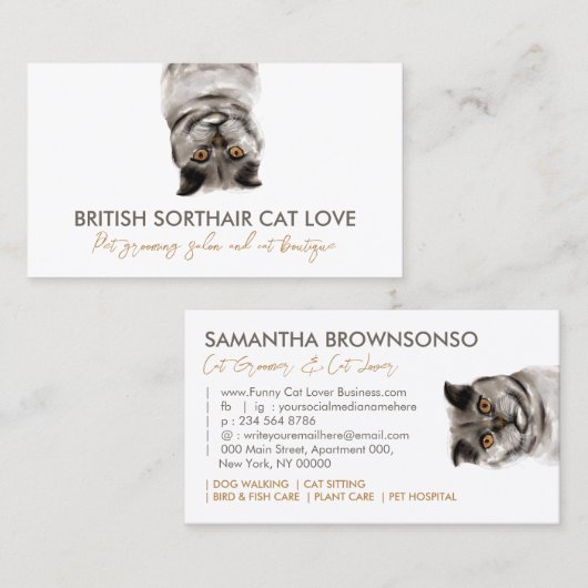 Funny Pet Sitter Gray British Shorthair Cat Visitekaartje (Voorkant / Achterkant)