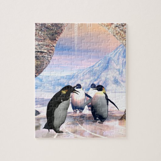 Funny pguin gaat op een meer met ijs legpuzzel (Verticaal)