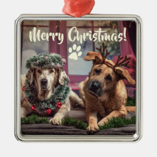 Funny Photo Dogs in Christmas Antlers and Headwear Metalen Ornament