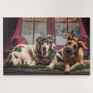 Funny Photo Dogs in kerstAntlers en hoofdkleding Legpuzzel