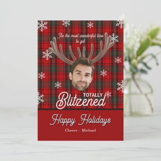 Funny Photo Face Blitzened Sarcastic Christmas Feestdagenkaart (Staand voorkant)