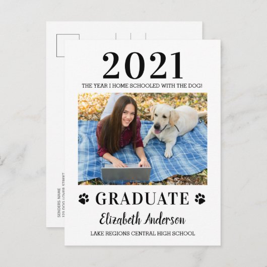Funny Photo Home School Dog Class of 2021 Afstuder Aankondigingskaart (Voorkant / Achterkant)