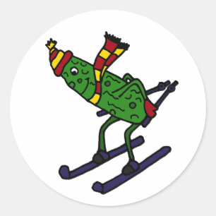 Funny Pickle Skiing Cartoon Ronde Sticker