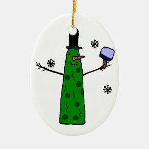 Funny Pickle Snowman Holding Pickleball Paddle Keramisch Ornament