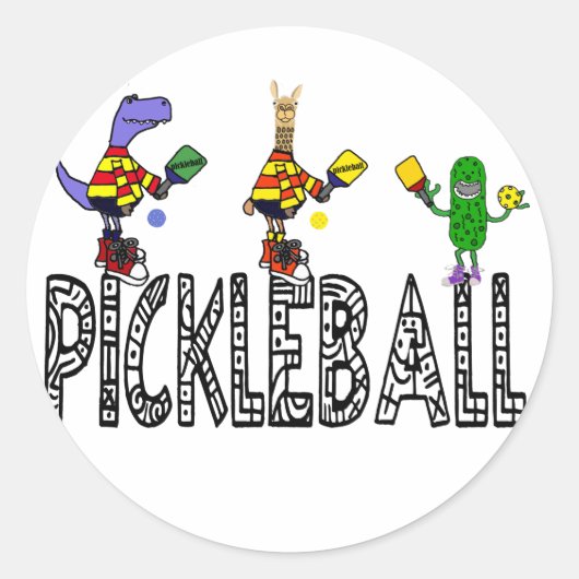 Funny Pickleball Players Animals Cartoon Ronde Sticker (Voorkant)