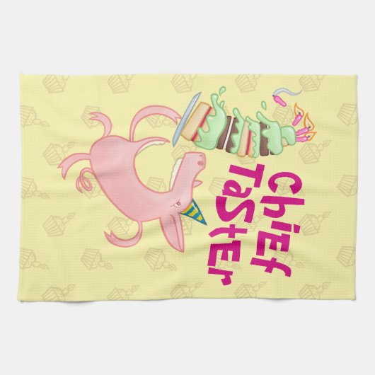 Funny Pig Chief Taster Giant Sponge Cake Cartoon Theedoek (Horizontaal)