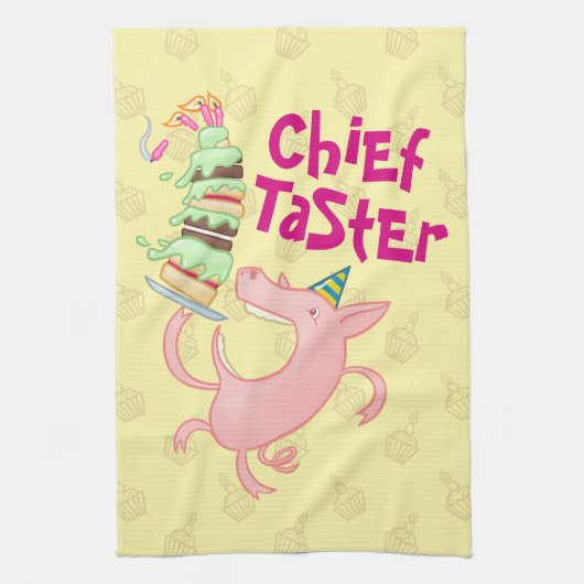 Funny Pig Chief Taster Giant Sponge Cake Cartoon Theedoek (Verticaal)
