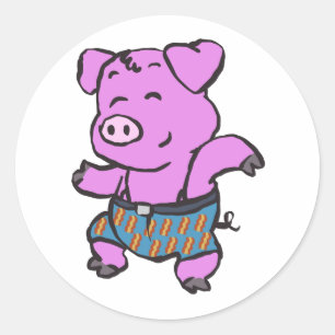 Funny Pig dansende cartoon   achtergrondkleur kiez Ronde Sticker