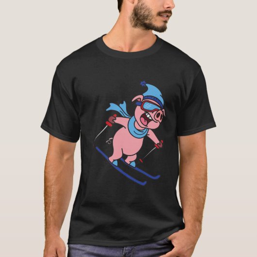 Funny Pig Go Skiing Design Gift Winter Holidays  T-shirt (Voorkant)