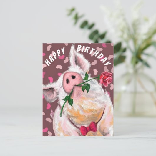 Funny Pig Verjaardag Kaart Piggy Gentleman met Roo (Staand voorkant)