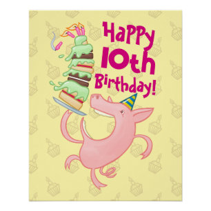 Funny Pig Voeg de Age Giant Birthday Cake Cartoon  Perfect Poster