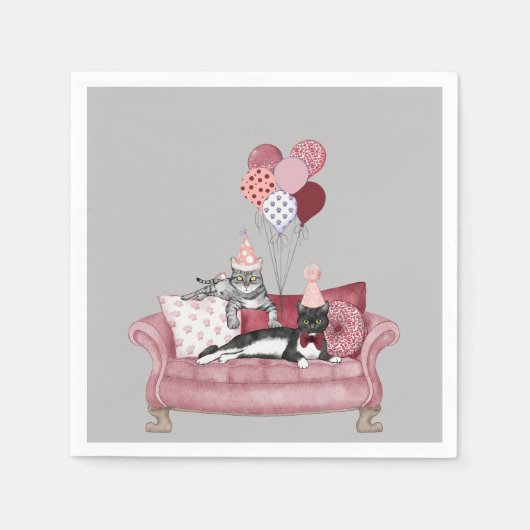 Funny Pink and Grey Party Cats Paper Napkin Servet (Voorkant)