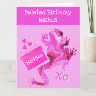 Funny Pink Belated Birthday Wishes Kaart