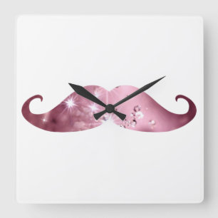 Funny Pink Bling Mustache Vierkante Klok