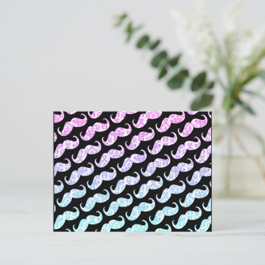 Funny Pink Blue Floral Damask Mustache Pattern Briefkaart (Staand voorkant)