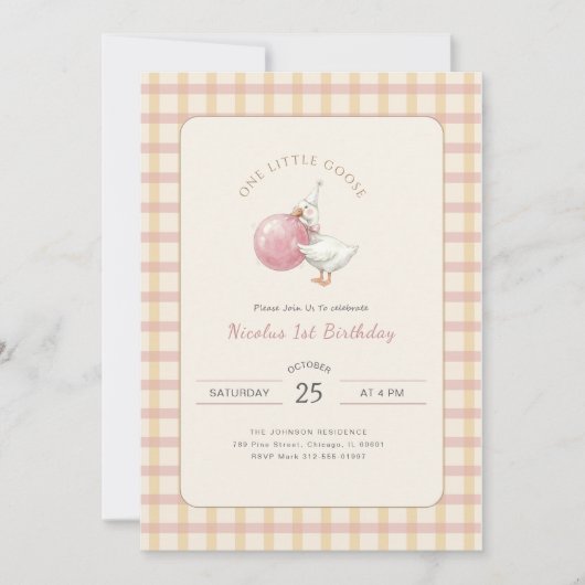 Funny Pink Bow One Little Goose 1st Birthday Party Kaart (Voorkant)