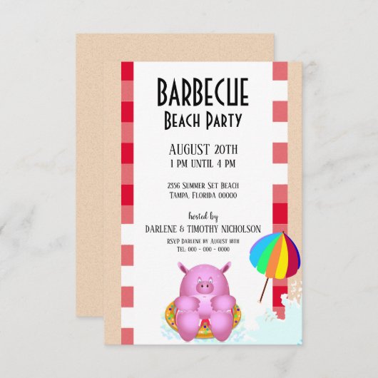 Funny Pink Cartoon Pig | Beach Pool Party Kaart (Voorkant / Achterkant)
