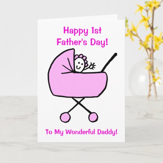 Funny Pink First Fathers Day Daughter Cartoon Kaart (Gele Bloem)