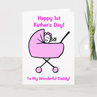 Funny Pink First Fathers Day Daughter Cartoon Kaart
