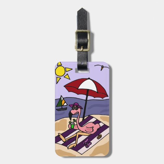 Funny Pink Flamingo bij Beach Bagagelabel (Voorkant verticaal)