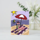 Funny Pink Flamingo bij Beach Briefkaart (Staand voorkant)