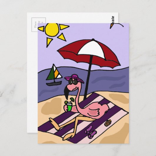 Funny Pink Flamingo bij Beach Briefkaart (Voorkant / Achterkant)