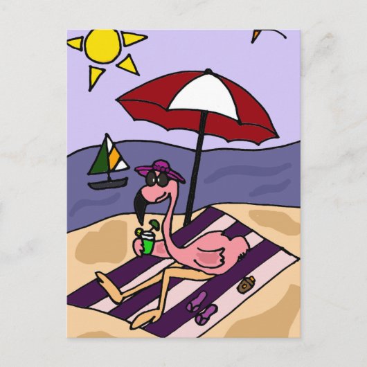 Funny Pink Flamingo bij Beach Briefkaart (Voorkant)
