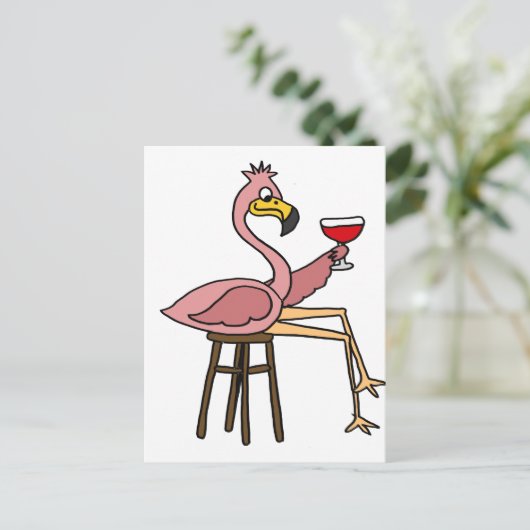 Funny Pink Flamingo Drink rode wijn Briefkaart (Staand voorkant)